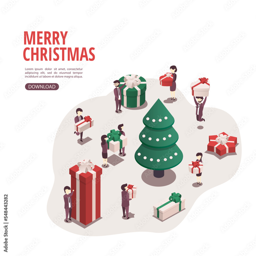 Isometric vector illustration for christmas and new year. Celebration concept. People prepare for the holiday, prepare gifts.
