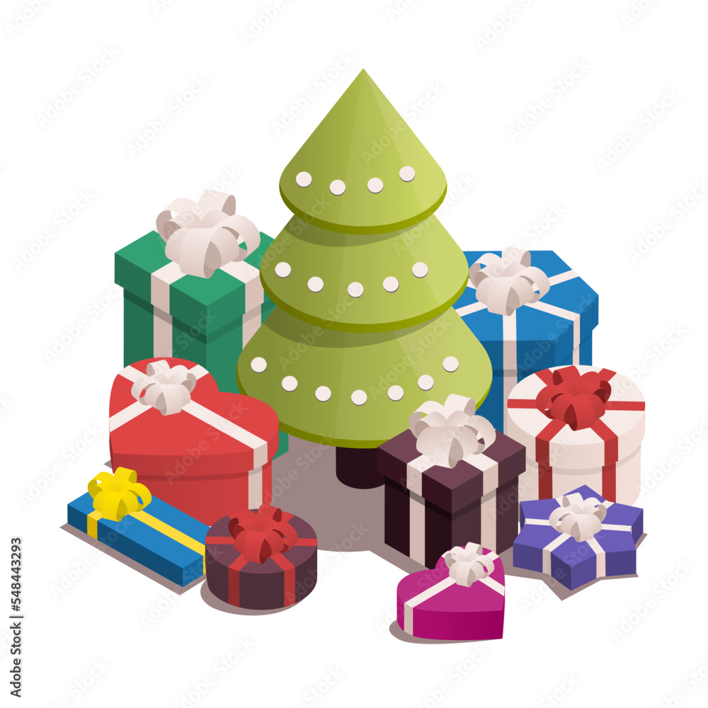 Isometric vector illustration for christmas and new year. Christmas tree with presents.
