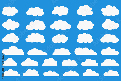 Cloud icons set on blue background. Flat cloudy vector collection. White clouds group. Design element for flat illustration.