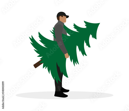 Male character with green fir tree in hand stands on white background