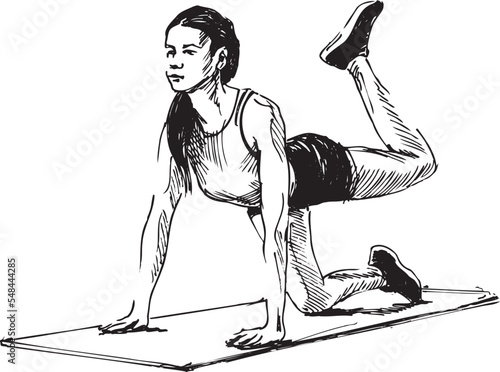 Hand drawn sketch of an exercising woman. Vector illustration.