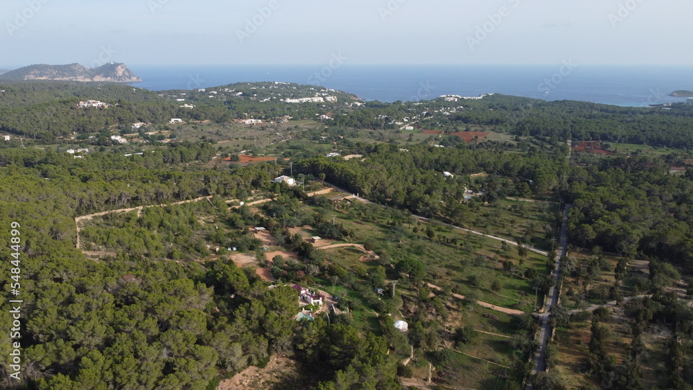 Drone shot of a typical landscape in Ibiza (Spain)
