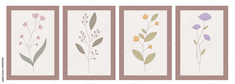 Vector flat illustration. A set of posters for the gallery wall, inspired by the flower market. Floral illustration with different colors. Composition for wall art, posters, greetings and invitations. Vector flat illustration. A set of posters for the gallery wall, inspired by the flower market. Floral illustration with different colors. Composition for wall art, posters, greetings and invitations.