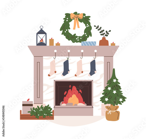 Christmas fireplace with Xmas decoration. Home hearth, winter fireside with fire, stockings, wreath, holiday tree and candles on mantelpiece. Flat vector illustration isolated on white background