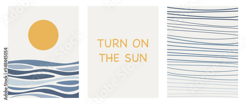 Vector posters. Travel concept. Illustrations with ocean waves and the sun. Set of three isolated cards.