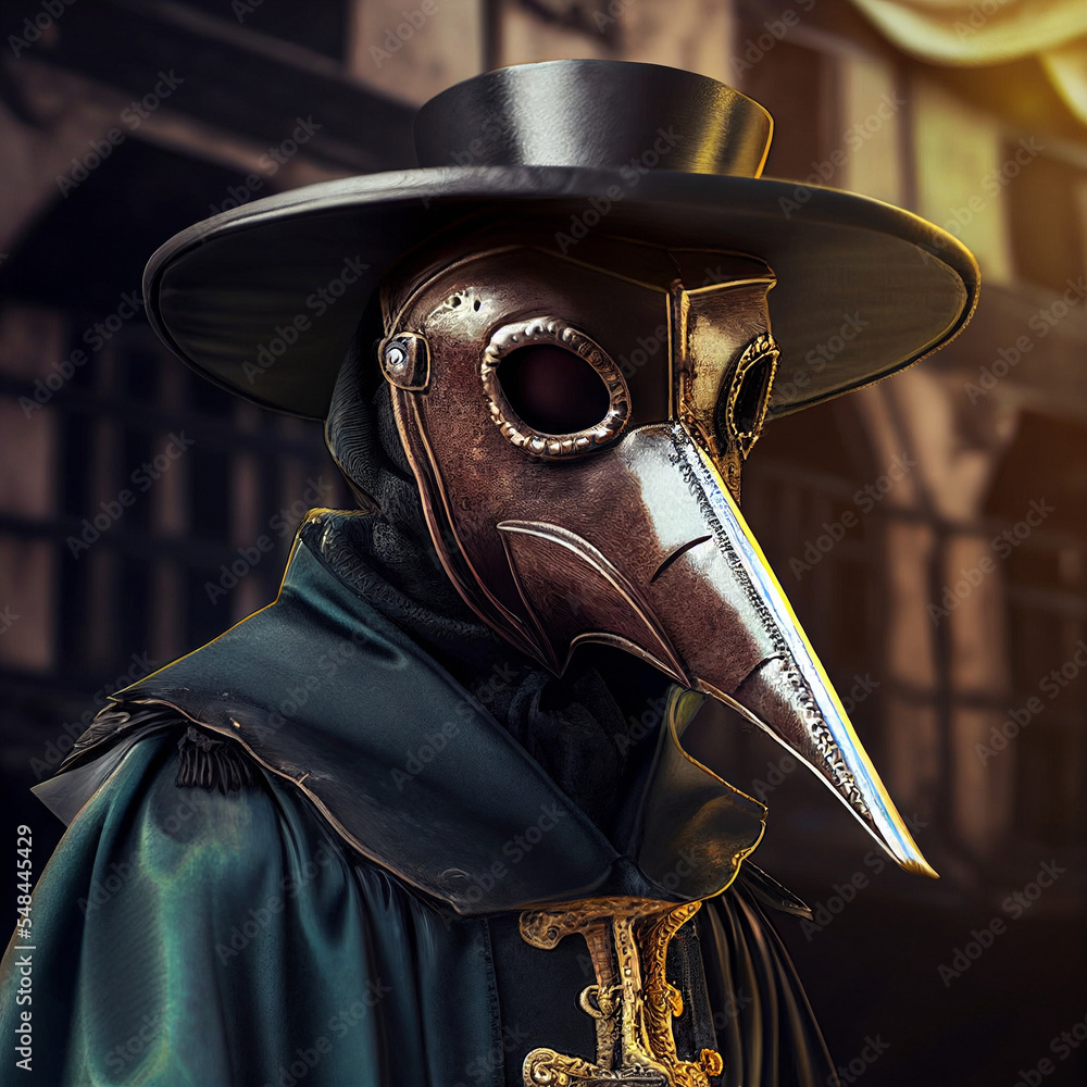 Dark steampunk fantasy: plague doctor mask at Venice Carnival, blurred background made with generative AI - obrazy, fototapety, plakaty 