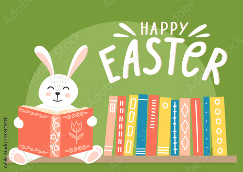 Happy Easter. Easter bunny reading book on bookshelf with lettering. Cute Easter greeting illustration for children libraries, bookstores, schools etc.