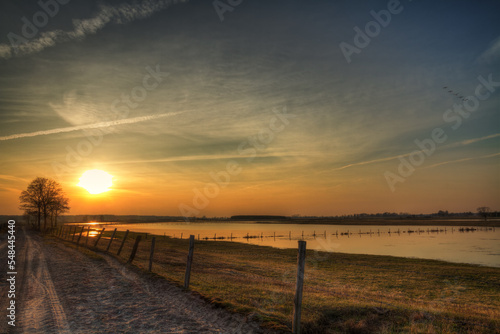 Landscape sunset or sundown river Narew Poland Europe spring time meadows under water