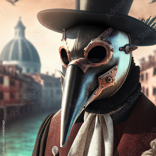 Dark steampunk fantasy: retro style plague doctor mask at Venice Carnival, blurred background made with generative AI