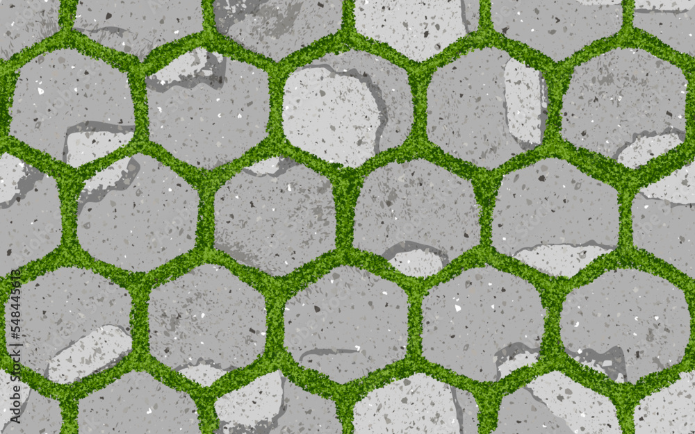 Seamless pattern of old pavement with moss and hexagon cracked textured old bricks. Vector pathway texture top view. Outdoor slab sidewalk. Cobblestone footpath or patio. Concrete block floor Seamless pattern of old pavement with moss and hexagon cracked textured old bricks. Vector pathway texture top view. Outdoor slab sidewalk. Cobblestone footpath or patio. Concrete block floor