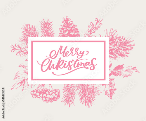 Merry Christmas and Happy New Year Abstract Botanical Card with Square Frame Banner and Modern Typography. Green and Pink Pastel Colors Greeting Layout. Isolated. © 1emonkey