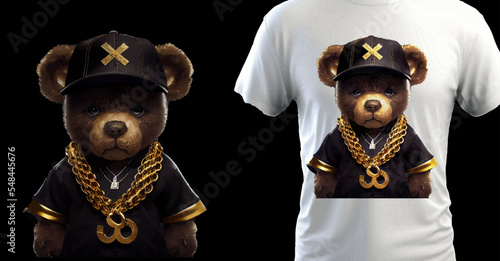 Cute, funny teddy bear in a cap and with a chain on a black background. Gangster kars slogan with a bear doll. Vector illustration