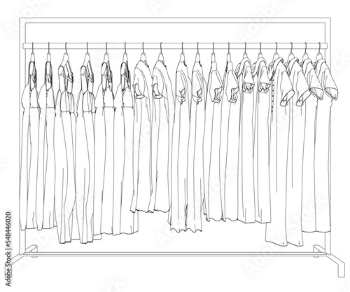Outline of dresses hanging on hangers from black lines isolated on white background. Side view. 3D. Vector illustration.