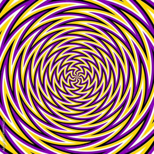 Optical motion illusion vector background. Colored zigzag striped pattern move around the center.