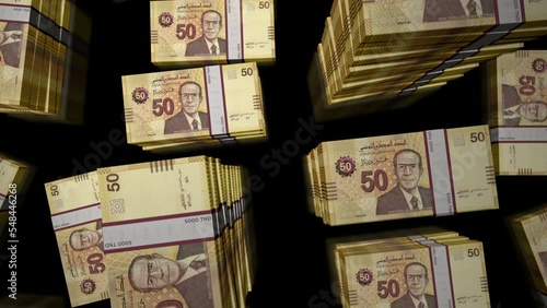 Tunisia money Tunisian Dinar money pack loop. Flight over TND banknotes stacks top view. 3d loopable seamless animation. Abstract background concept of economy, crisis, business and finance. photo