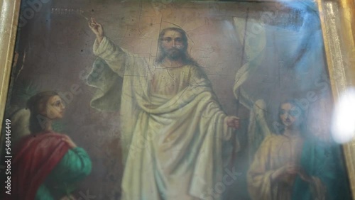 Antique old ancient icon of Jesus Christ in the Orthodox Christian Church in Ukraine.