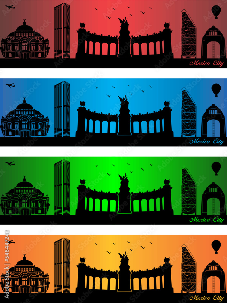 Mexico City in a four different colors - illustration, 
Town in colors background