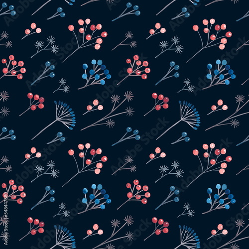 Wallpaper Mural Floral seamless pattern on a dark blue background. Winter berries, seeds and flowers painted in watercolor diagonally. For the design of Christmas textiles and wrapping paper. Torontodigital.ca