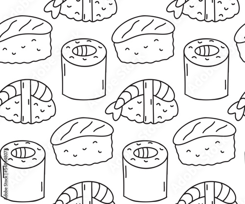 Seamless pattern background with sushi hand drawn doodles. Contour drawing, outline different asian food sushi rolls Simple line vector illustration backdrop, print, wallpaper