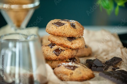 Closeup of freshly baked cookies on the table blurred background