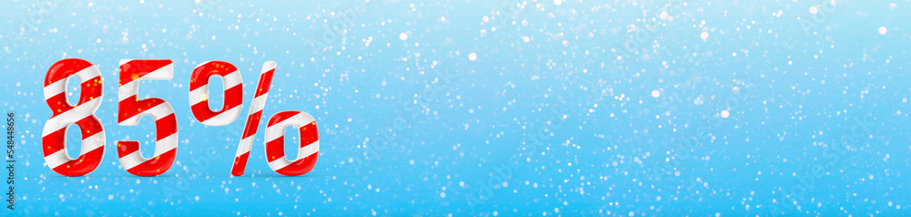 Obraz premium Discount figures eighty five percent in the form of candy cane. Realistic glossy number 85 3D rendering. Light blue background with snow banner and place for text