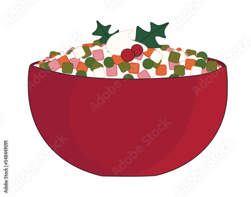 Bowl of tasty Russian salad on white background