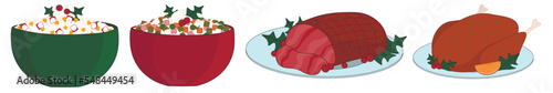 Group of tasty dishes for Christmas dinner on white background
