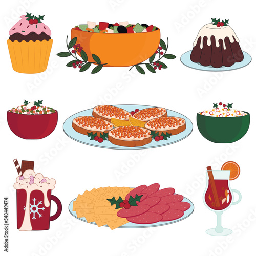 Collage of festive dishes for Christmas dinner on white background