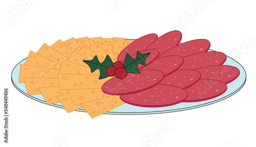 Plate with sliced tasty cheese and sausages on white background