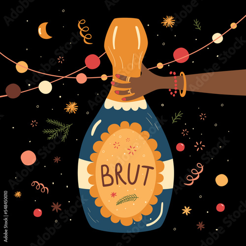 Female hand holding sparkling wine bottle of New year brut. Wine girl with brut bottle of sparkling wine, champagne lover. Hand drawn vector illustration for New Year or Christmas party celebration.