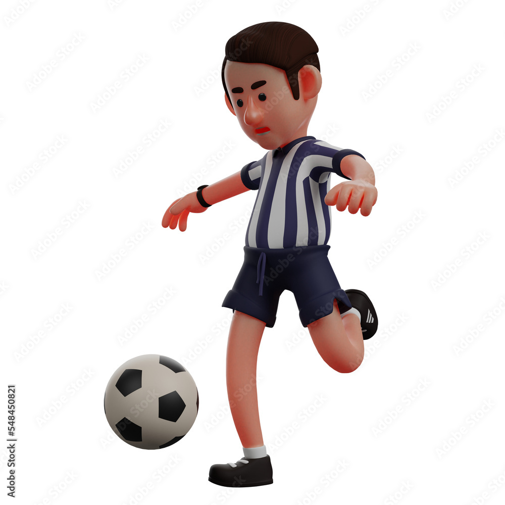 3D illustration. 3D Cartoon Character Referee kicking the ball. Shows a thinking expression. with cool stylish poses. 3D Cartoon Character