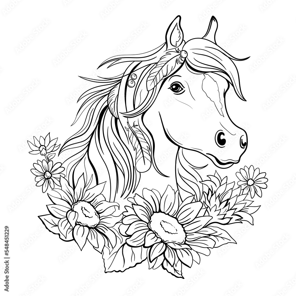 Horse with sunflowers Coloring Page Isolated outline for coloring book