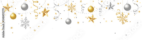 Holiday decoration, Christmas gold and silver frame. Vector background isolated on white. Golden ornaments, garland with glitter stars and snowflakes. For Christmas and New Year banners, headers.