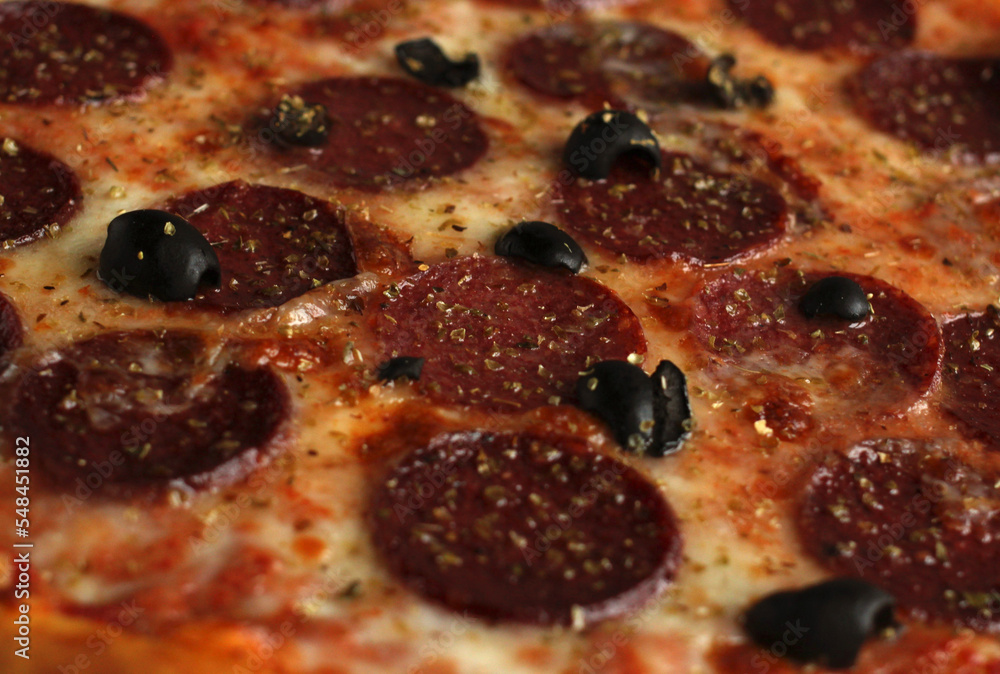 pepperoni pizza with salts and olives close-up pepperoni pizza with salts and olives close-up