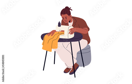 Tailor at sewing machine. Needlework with textile. Man dressmaker working, creating, making clothes, garment, handmade apparel at table. Flat vector illustration isolated on white background