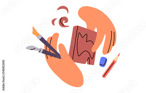 Wood carving and woodwork. DIY wooden work with timber and chisel tool. Artisans masters hands and handicraft art, instruments for craftwork. Flat vector illustration isolated on white background