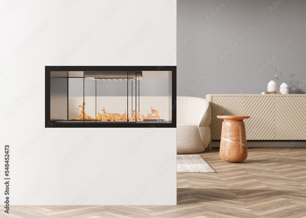 Fototapeta premium Beautiful modern living room with gas or electric fireplace. Contemporary style interior design. Burning fire. Cosy, relaxed atmosphere. Fireplace as a special home detail, decor. 3D rendering.
