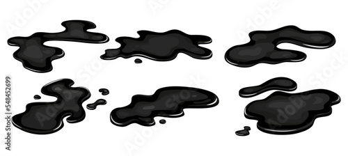 Set of Spill of black oil puddle industry. Stain ink drop of petrol liquid shape. Vector cartton illustration