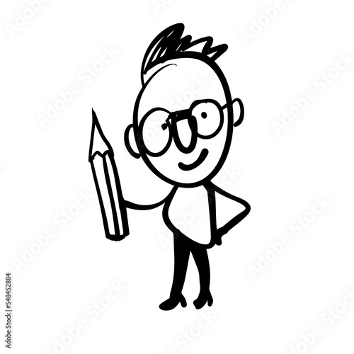 Funny man in glasses with a pencil in his hand. A hand-drawn funny character. Vector doodle illustration
