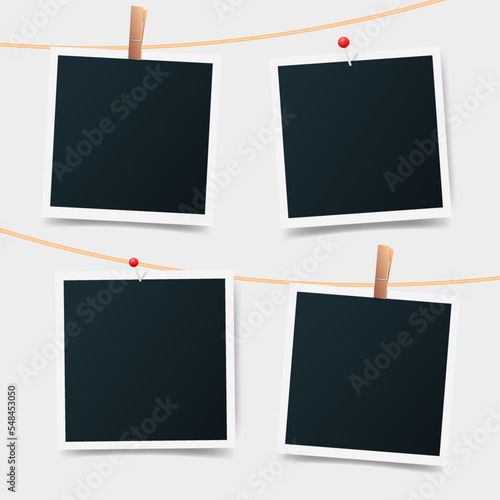 Blank set photo picture frames on gray background. Polaroid photo, instant photos mockup hanging on a thread. Photo template with realistic drop shadow. Vector illustration