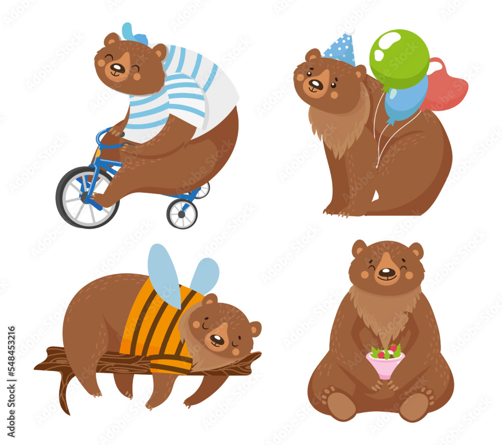 Fototapeta premium Cartoon bears, circus animal ride bicycle with air balloon