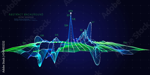 Abstract  background contain color wireframe and data on dark blue. Technology 3d wavy polygonaly concept in virtual space.  Banner for business, science and technology data.  Big Data.
