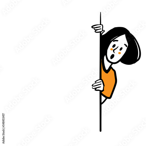 The surprised girl looks out from behind the wall. A design element with space for text. Vector doodle illustration