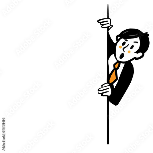A young man looks out from around the corner. A design element with space for text. Vector doodle illustration