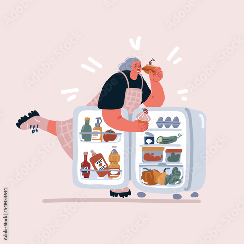 Vector illustration of Woman near open refridge. Lot of food. Girl eating at night, nervous disposition, glutton. Rejecting Yourself, Judging Yourself, Eating Problem and Emotional Problems concept