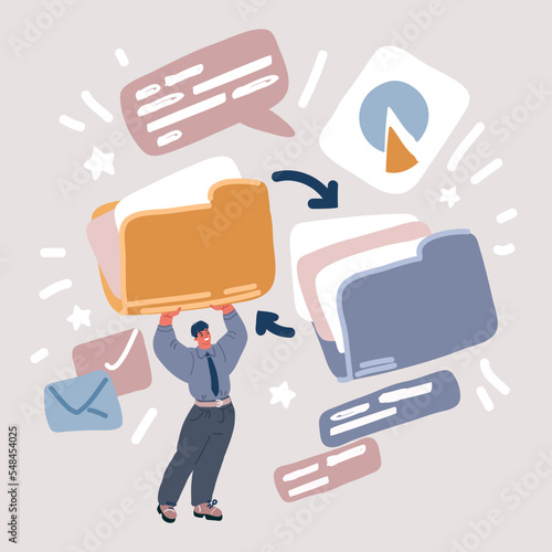 Vector illustration of Cloud Backup. Network cloud service. Migration. Backup concept. Copying file. Server. Data Center. Database Synchronize Technology. Man is holding big folders