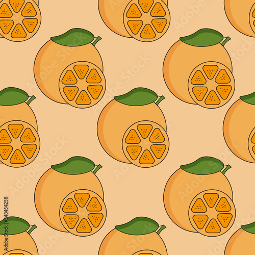 Seamless pattern with oranges  Orange with green leaf  Citrus background  Set pf tropical fruits on orange backdrop