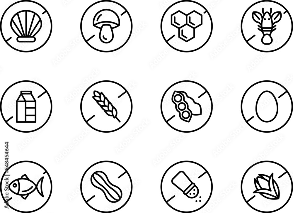 Allergens, icon set, icons crossed. Isolated vector black outline stamp label rounded badge product tag on transparent background. Symbols. Gluten free, dairy free, mushroom free, shellfish free.