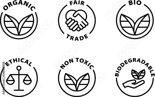 organic  fair trade bio  ethical  non toxic  biodegradable icon set  icons. Isolated vector black outline stamp label rounded badge product tag on transparent background. Symbol.