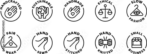 Handcrafted small business icons, icon set. Isolated vector black outline stamp label rounded badge product tag on transparent background. Symbols. Handcrafted, handmade, hand sewn. photo